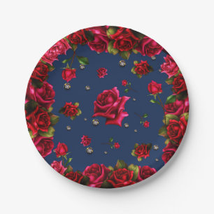 Blue Red Roses & Diamond Bling Elegant Party Paper Plate