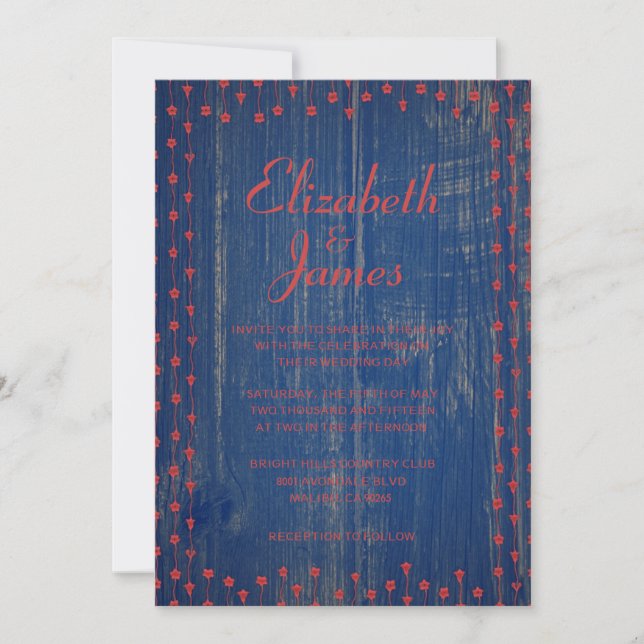 Blue & Red Rustic Barn Wood Wedding Invitations (Front)