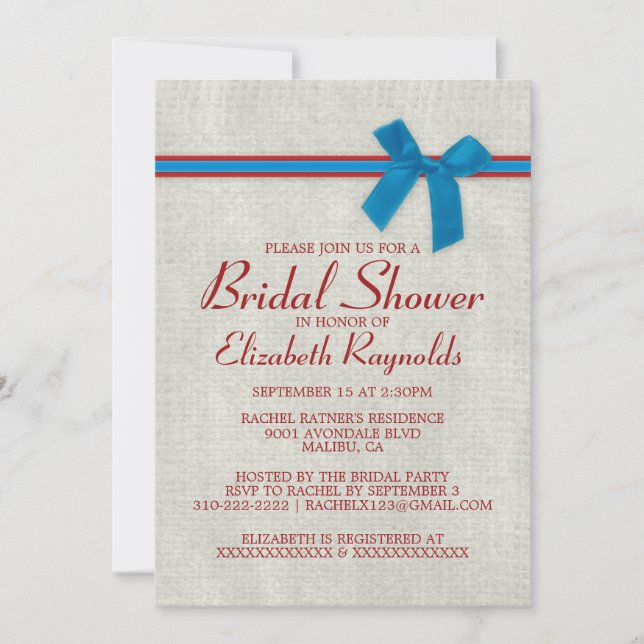 Blue & Red Rustic Burlap Bridal Shower Invitations (Front)