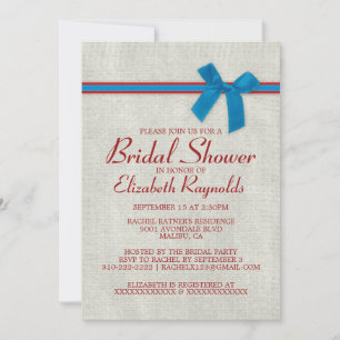 Blue & Red Rustic Burlap Bridal Shower Invitations