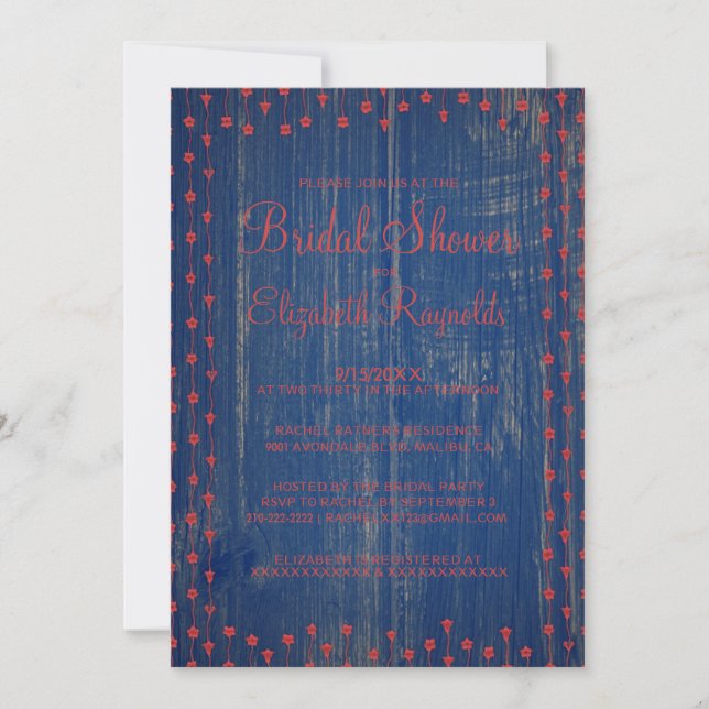 Blue Red Rustic Country Bridal Shower Invitations (Front)