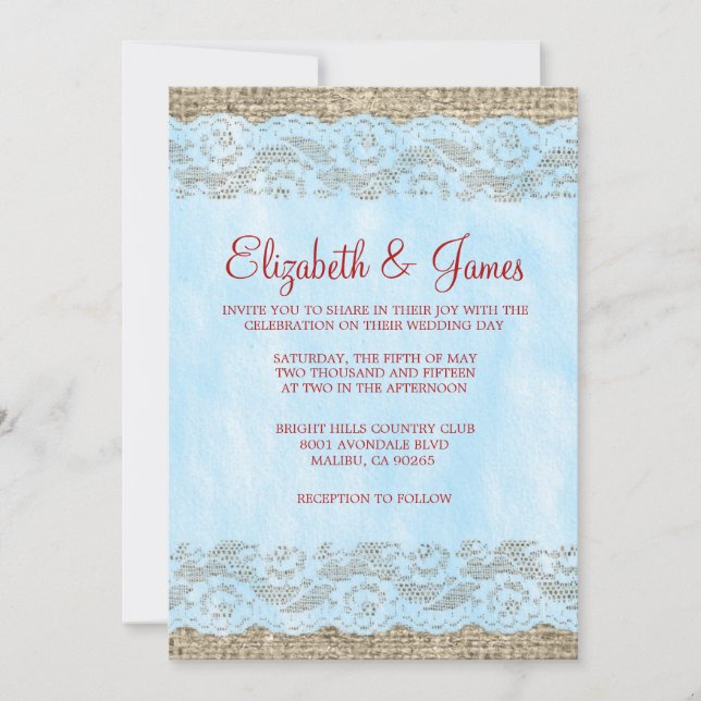 Blue & Red Rustic Lace Wedding Invitations (Front)