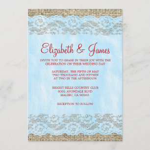 Blue & Red Rustic Lace Wedding Invitations