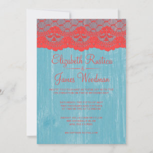 Blue & Red Rustic Lace Wood Wedding Invitations