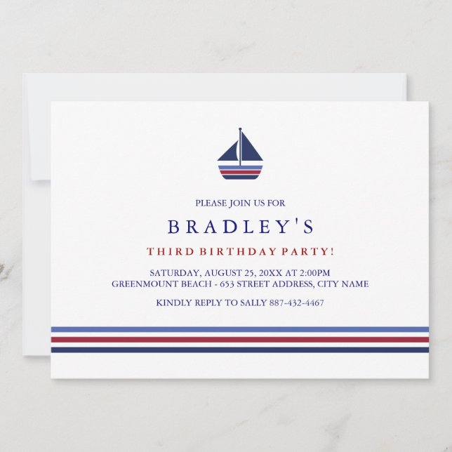 Blue & Red Sailboat Birthday invitation (Front)