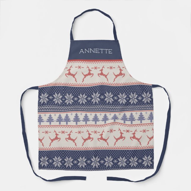 Blue Red Scandinavian Christmas Pattern Custom Apron (Front)