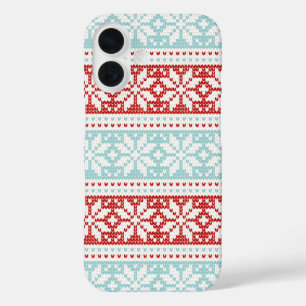 Blue Red Snowflakes Christmas Knit Pattern iPhone 16 Case