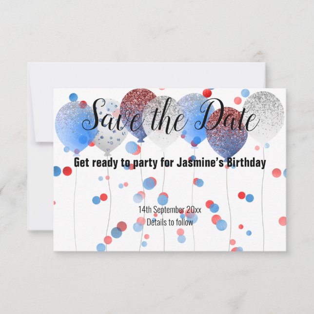 BLUE RED SPOT BALLOON ALL BLACK SAVE THE DATE RSVP CARD (Front)