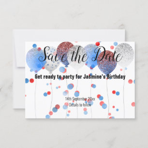 BLUE RED SPOT BALLOON ALL BLACK SAVE THE DATE RSVP CARD