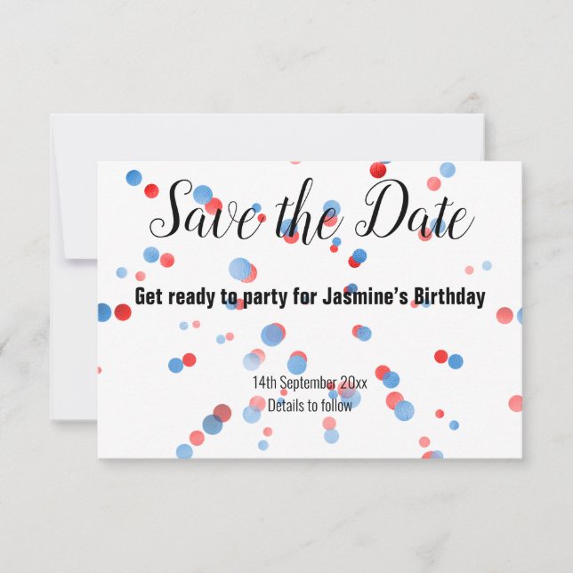 BLUE RED SPOT BALLOON ALL BLACK SAVE THE DATE RSVP CARD (Front)