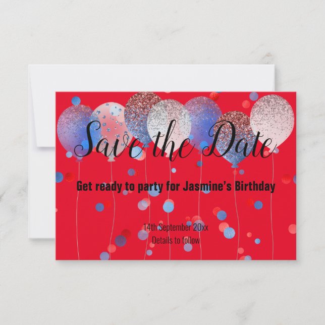 BLUE RED SPOT BALLOON RED SAVE THE DATE RSVP CARD (Front)