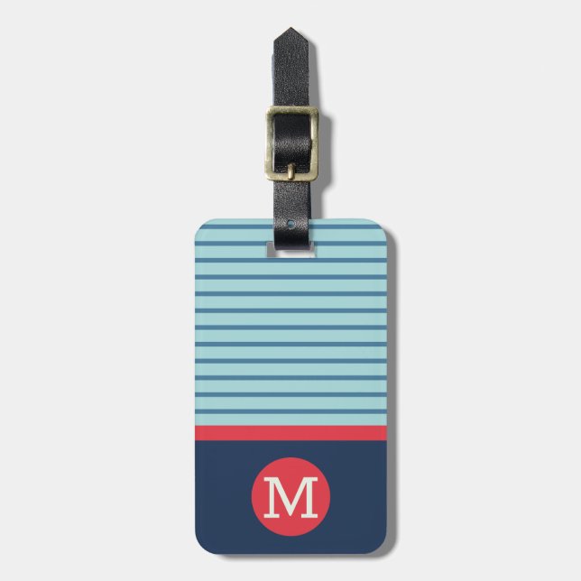 Blue Red Stripe Monogram Name Address  Luggage Tag (Front Vertical)