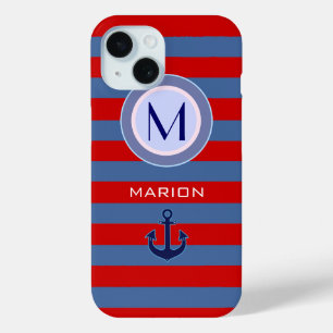 blue&red Stripes & Anchor Monogrammed iPhone 15 Case