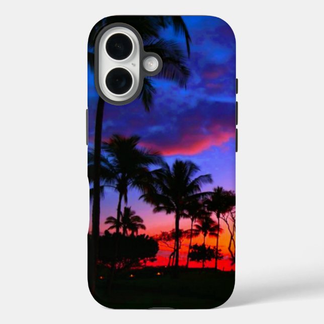 Blue Red Sunset Exotic Hawaiian Beach Palm Trees Case-Mate iPhone Case (Back)