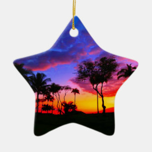 Blue Red Sunset Exotic Hawaiian Beach Palm Trees Ceramic Tree Decoration