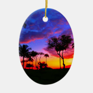 Blue Red Sunset Exotic Hawaiian Beach Palm Trees Ceramic Tree Decoration