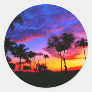 Blue Red Sunset Exotic Hawaiian Beach Palm Trees Classic Round Sticker