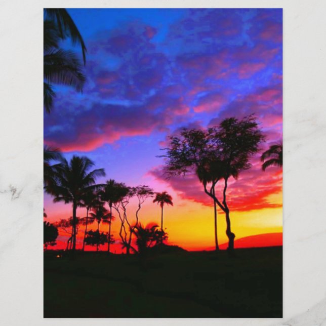 Blue Red Sunset Exotic Hawaiian Beach Palm Trees Letterhead (Front)