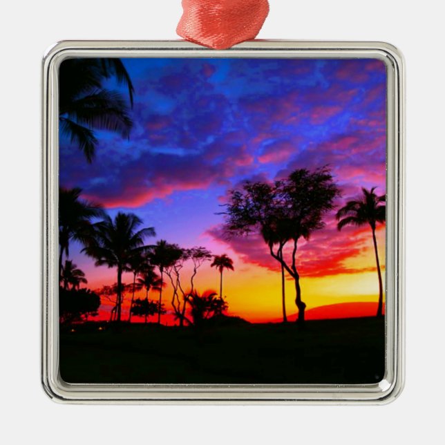 Blue Red Sunset Exotic Hawaiian Beach Palm Trees Metal Tree Decoration (Front)
