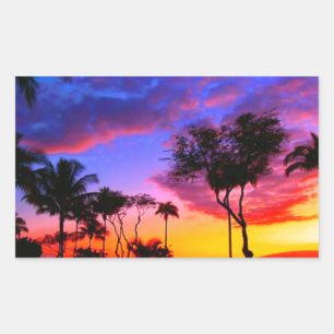 Blue Red Sunset Exotic Hawaiian Beach Palm Trees Rectangular Sticker