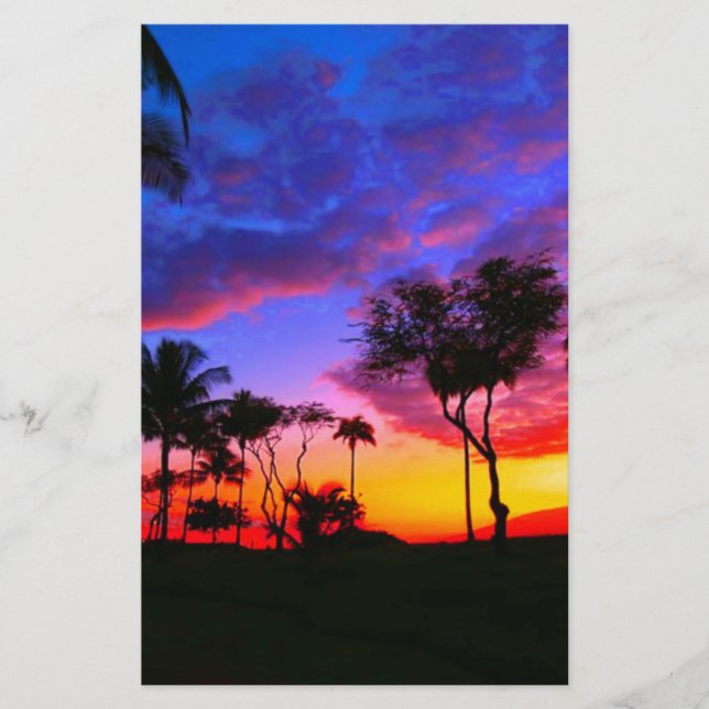 Blue Red Sunset Exotic Hawaiian Beach Palm Trees Stationery (Front)