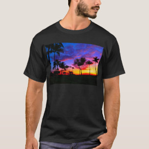 Blue Red Sunset Exotic Hawaiian Beach Palm Trees T-Shirt