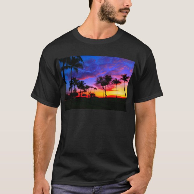 Blue Red Sunset Exotic Hawaiian Beach Palm Trees T-Shirt (Front)