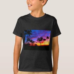 Blue Red Sunset Exotic Hawaiian Beach Palm Trees T-Shirt
