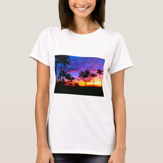 Blue Red Sunset Exotic Hawaiian Beach Palm Trees T-Shirt (Front)