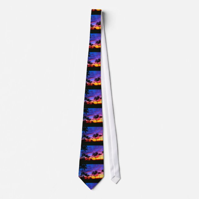 Blue Red Sunset Exotic Hawaiian Beach Palm Trees Tie (Front)