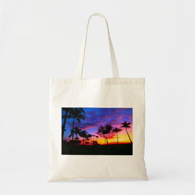 Blue Red Sunset Exotic Hawaiian Beach Palm Trees Tote Bag (Front)