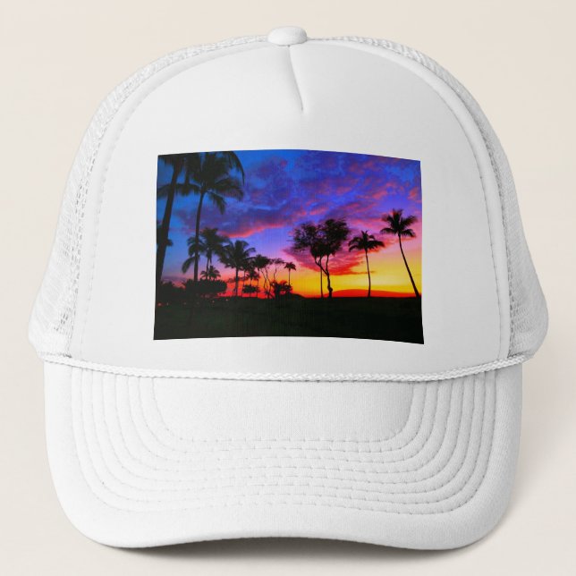 Blue Red Sunset Exotic Hawaiian Beach Palm Trees Trucker Hat (Front)