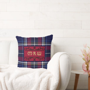 Blue Red Tartan Monogram in Celtic Lion Font Cushion