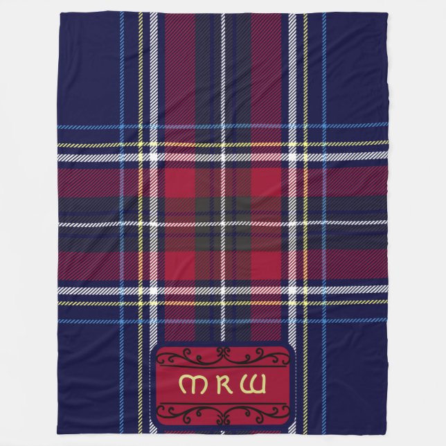 Blue Red Tartan Monogram in Celtic Lion Font | Fleece Blanket (Front)