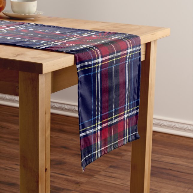 Blue Red Tartan Monogram in Celtic Lion Font | Long Table Runner (In Situ)