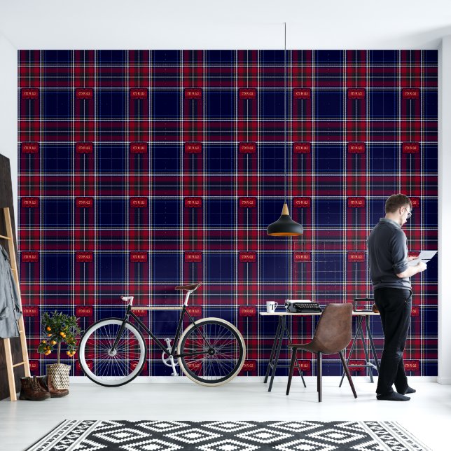 Blue Red Tartan Monogram in Celtic Lion Font | Wallpaper (Living Room)