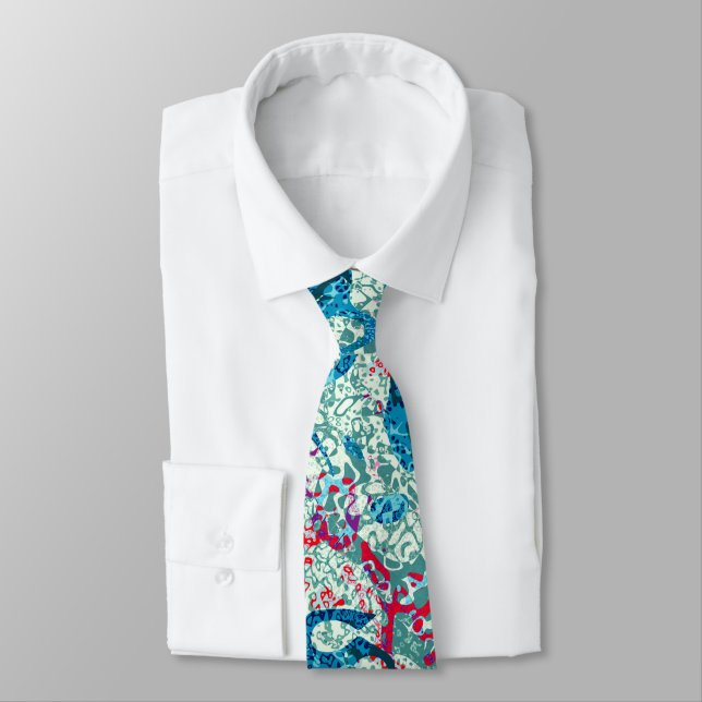 Blue Red Teal Spotted Graphic Abstraction Tie (Tied)