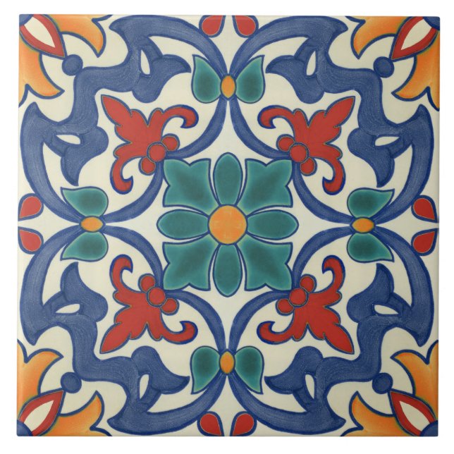 Blue Red Teal Yellow White Azulejos Pattern Tile (Front)