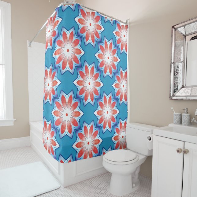 Blue red ten stub star kaleidoscope in soft shiny  shower curtain (In Situ)