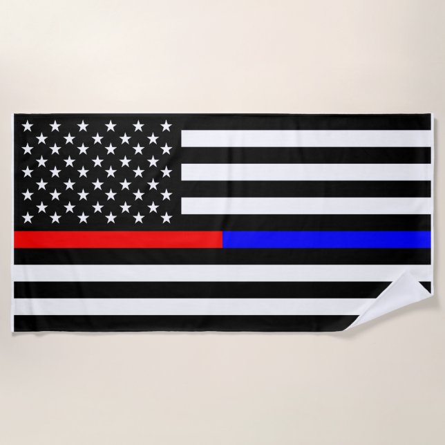 blue red thin line police firefighters symbol usa beach towel (Front)