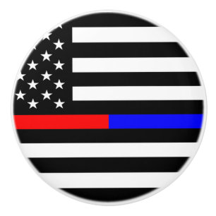 blue red thin line police firefighters symbol usa ceramic knob