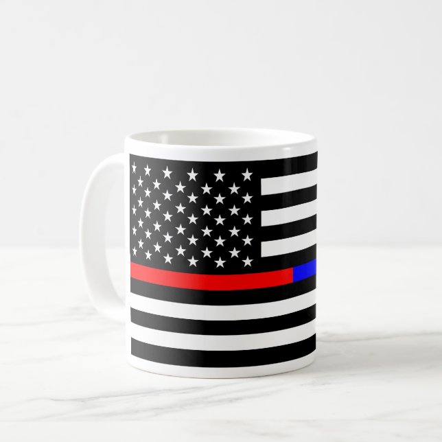 blue red thin line police firefighters symbol usa coffee mug (Front Left)