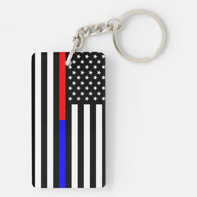 blue red thin line police firefighters symbol usa key ring (Back)
