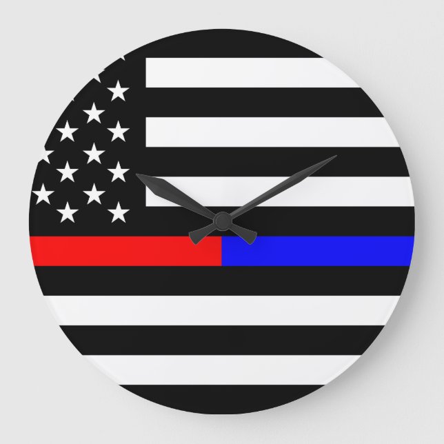 blue red thin line police firefighters symbol usa large clock (Front)