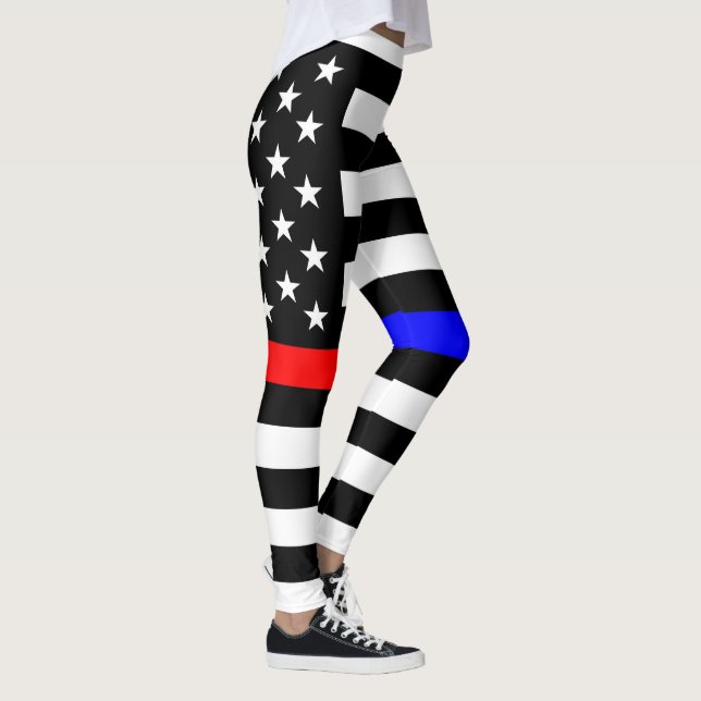 blue red thin line police firefighters symbol usa leggings (Right)