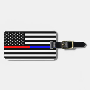 blue red thin line police firefighters symbol usa luggage tag