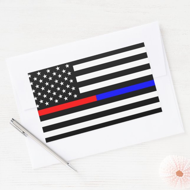 blue red thin line police firefighters symbol usa rectangular sticker (Envelope)