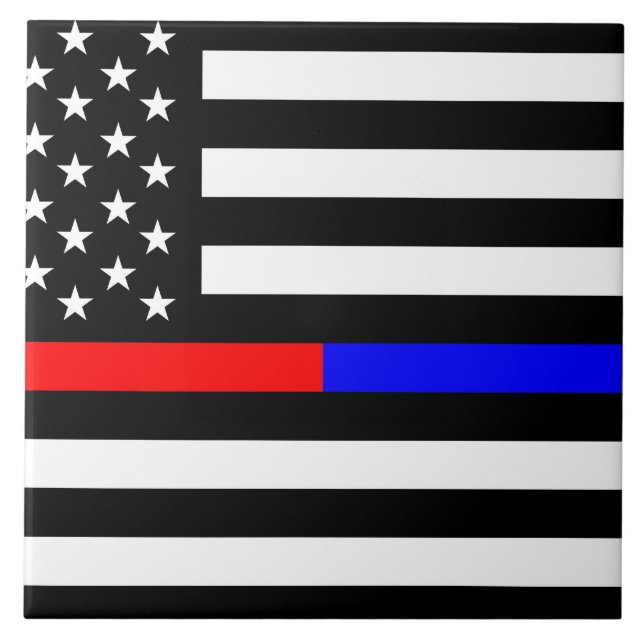 blue red thin line police firefighters symbol usa tile (Front)