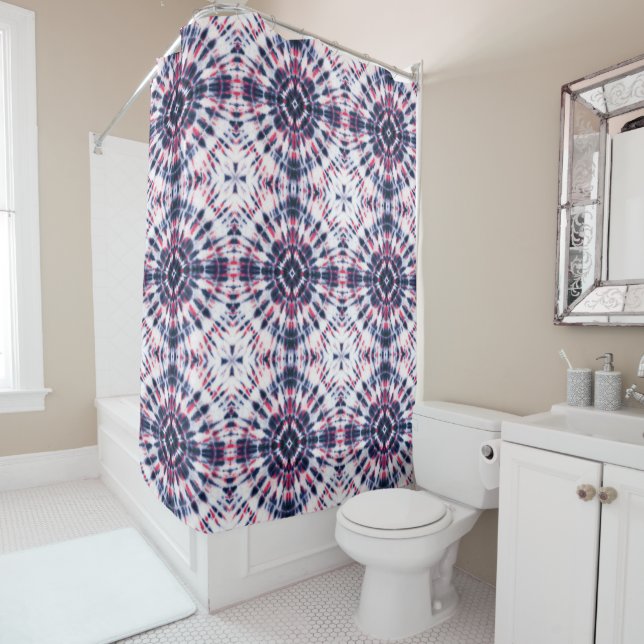 Blue & Red Tie Dye Pattern Shower Curtain (In Situ)