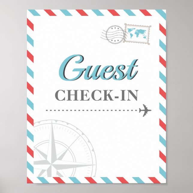 Blue Red Travel Aeroplane Guest Check-in Welcome Poster (Front)